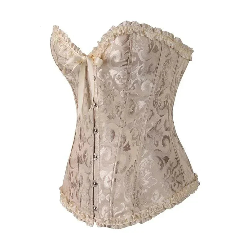"Elegant stropløst korset med blonder og brokade, sødheart-udskæring, feminint design, fremhæver kvindelige kurver."