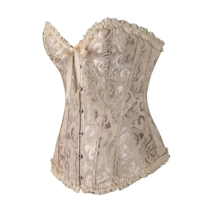 "Elegant stropløst korset med blonder og brokade, sødheart-udskæring, feminint design, fremhæver kvindelige kurver."