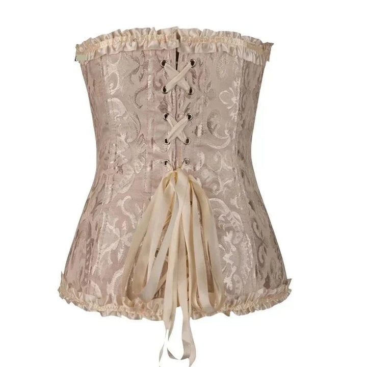 "Elegant stropløst korset med blonder og brokade, sødheart-udskæring, feminint design, fremhæver kvindelige kurver."