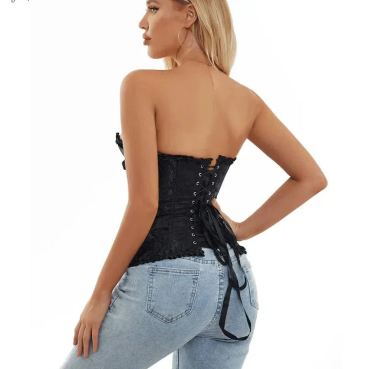 "Elegant stropløst korset med blonder og brokade, sødheart-udskæring, feminint design, fremhæver kvindelige kurver."