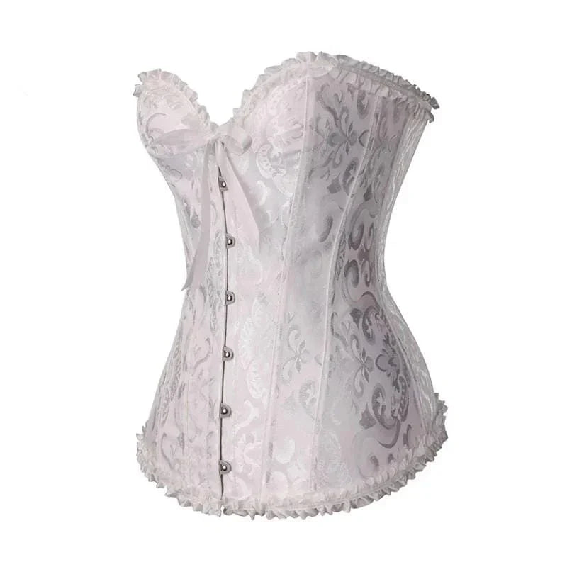 "Elegant stropløst korset med blonder og brokade, sødheart-udskæring, feminint design, fremhæver kvindelige kurver."