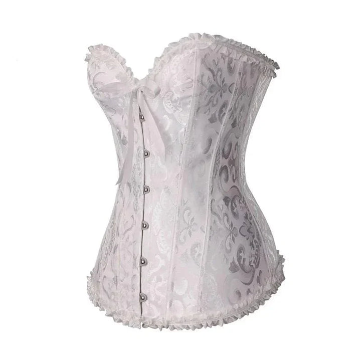 "Elegant stropløst korset med blonder og brokade, sødheart-udskæring, feminint design, fremhæver kvindelige kurver."