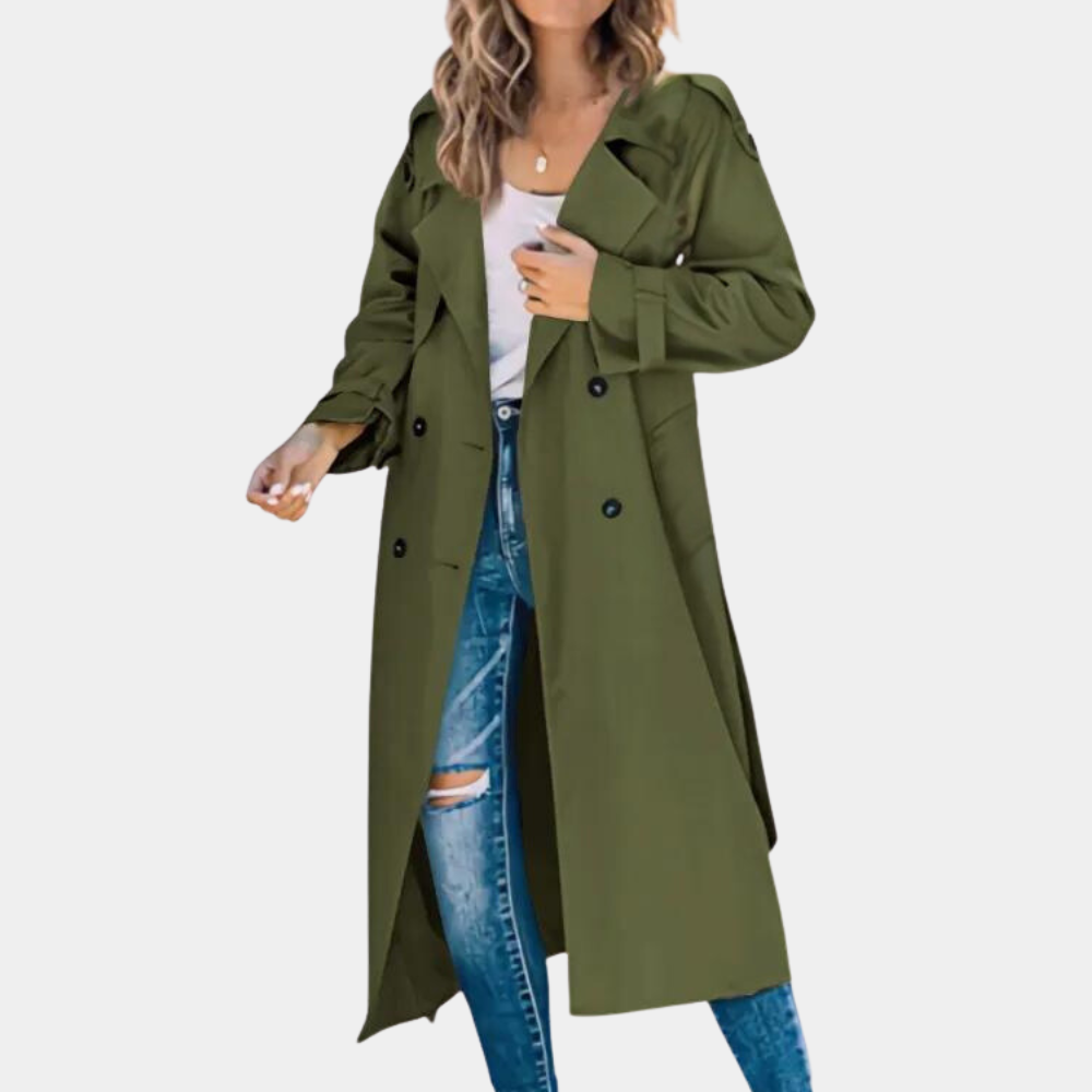 Kvinder's elegant armygrøn trenchcoat, tidløst design, justerbar talje.