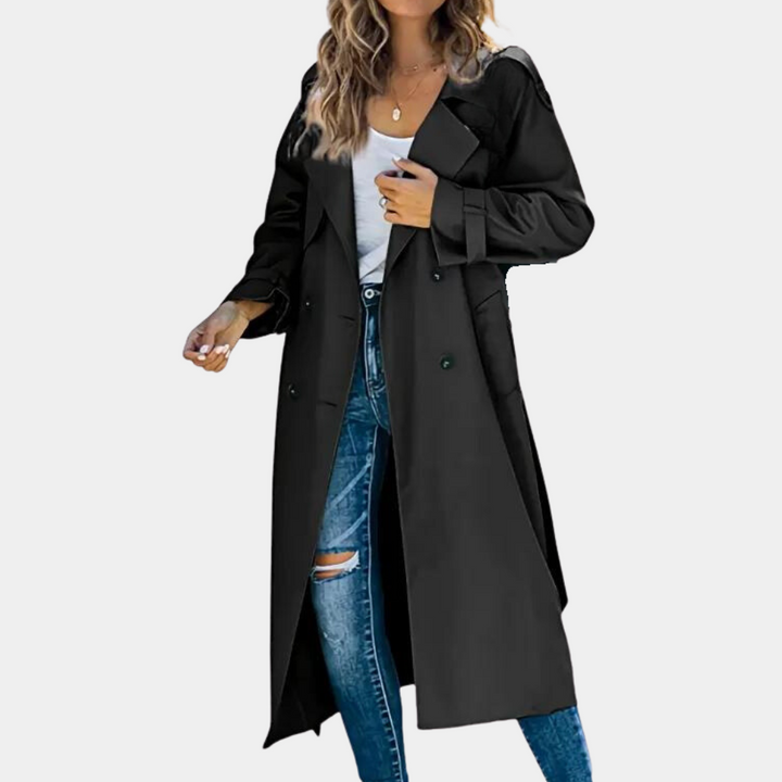 Kvinder's elegant armygrøn trenchcoat, tidløst design, justerbar talje.