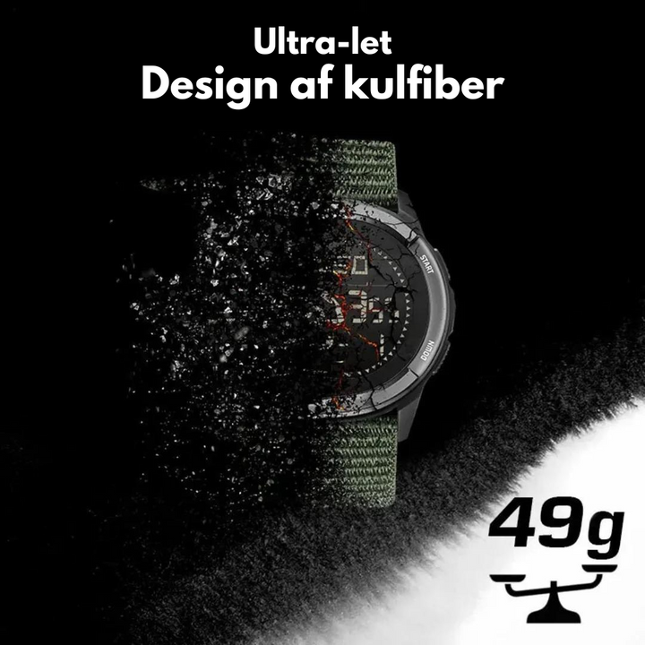 "Elegant udendørs kulstof ur; let, robust og hypoallergenisk med sort urkasse og minimalistisk design."