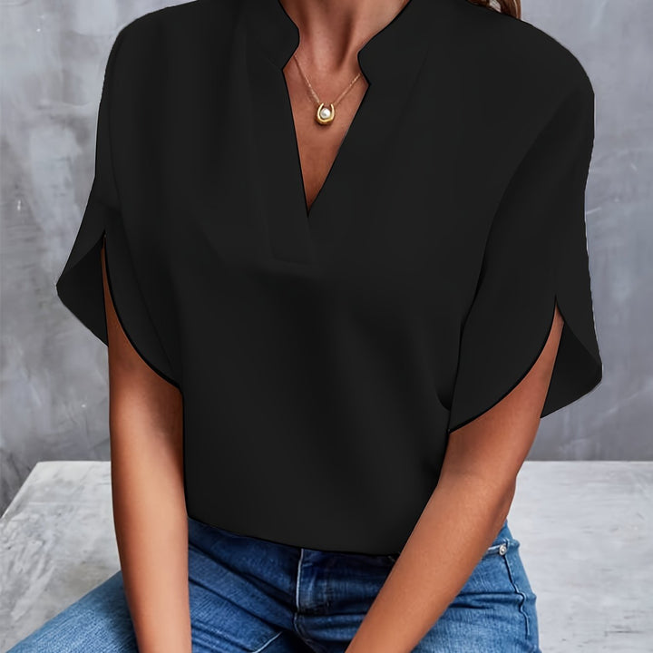 Smart V-bluse med ståkrave til kvinder; en komfortabel og stilfuld kontorbluse.