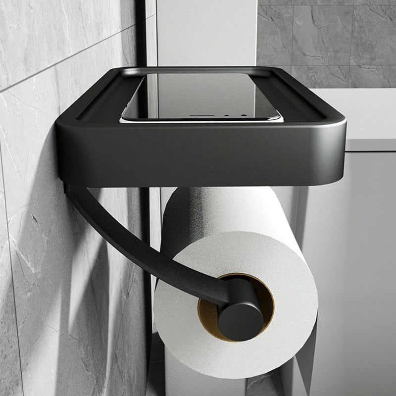 Hvid vægmonteret toiletpapirholder med integreret hylde for ekstra opbevaring på badeværelset, smart design.