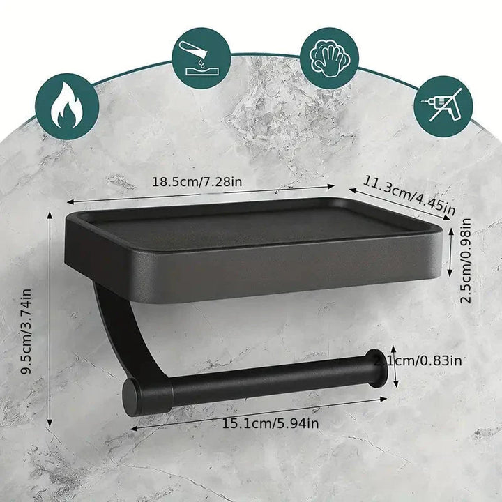 Moderne toiletpapirholder af aluminium med hylde, vægmonteret til effektiv organisering i badeværelset, grå finish.