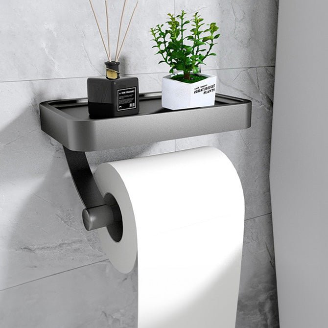 Praktisk vægmonteret toiletpapirholder med hylde til badeværelset, tilgængelig i sort, hvid og grå, moderne stil.