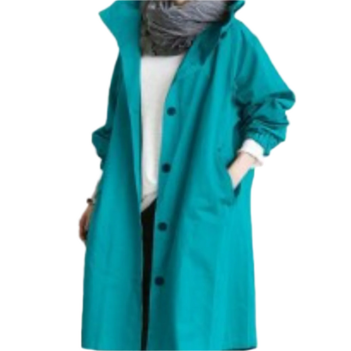 Elegant, vandafvisende trenchcoat til kvinder i klassisk design, med bælte og lommer, velegnet til overgangsvejr.