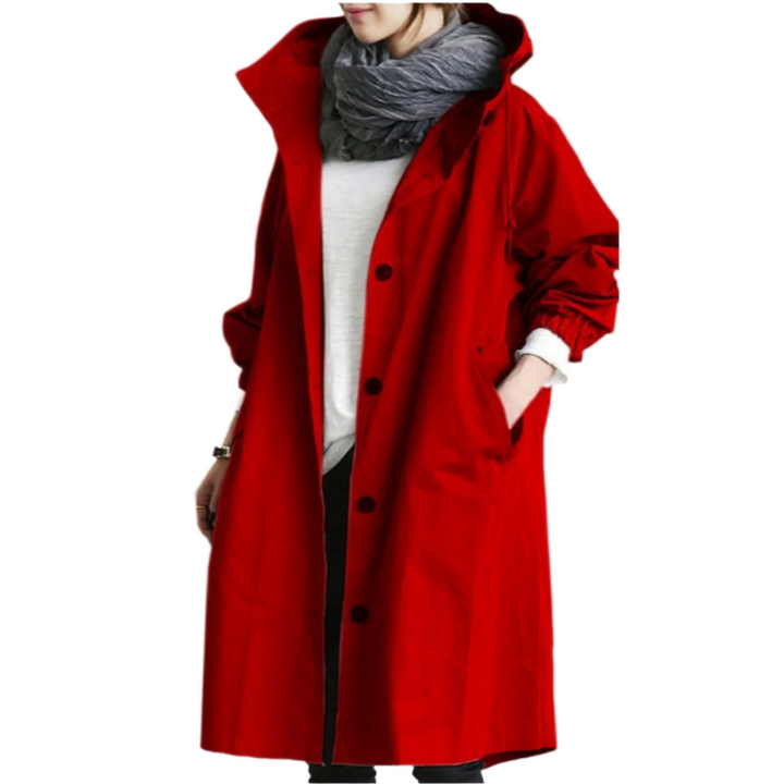 Elegant, vandafvisende trenchcoat til kvinder i klassisk design, med bælte og lommer, velegnet til overgangsvejr.