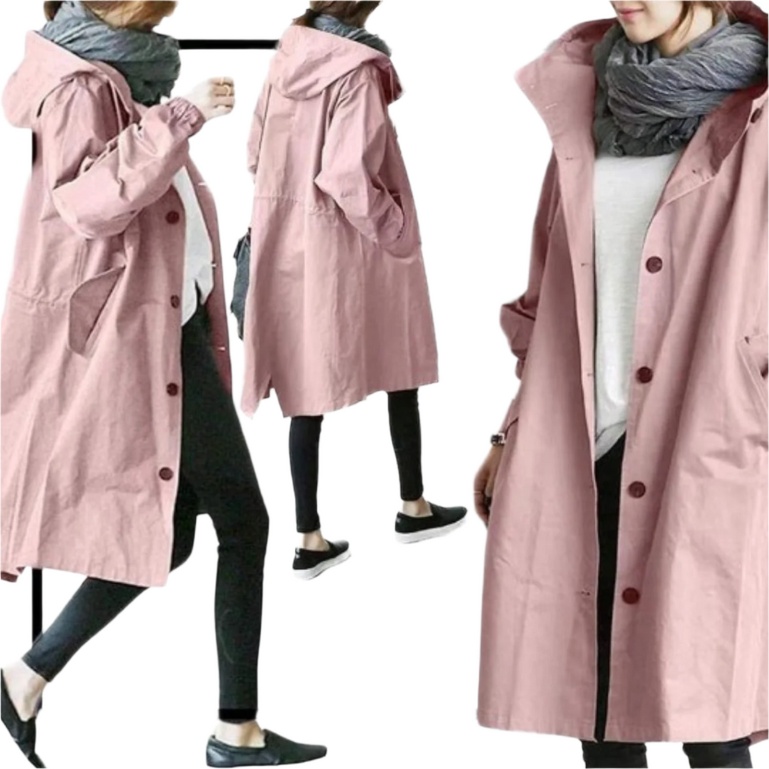 Elegant, vandafvisende trenchcoat til kvinder i klassisk design, med bælte og lommer, velegnet til overgangsvejr.