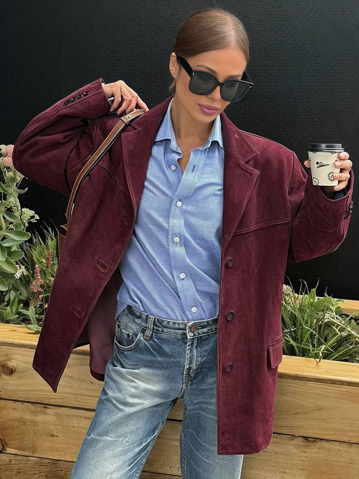 Kvinde blazer, brungrøn vintage med knapper og lommer. Langærmet elegant damejakke, perfekt til efterår.