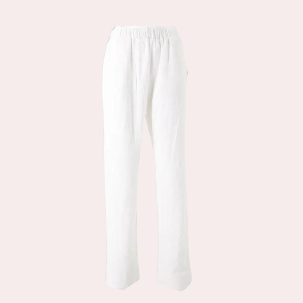 Elegante damebukser med høj talje, lige ben, elastisk linning og praktiske lommer, set forfra.