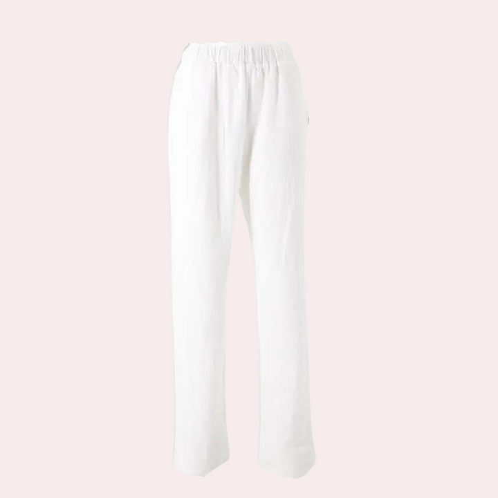 Elegante damebukser med høj talje, lige ben, elastisk linning og praktiske lommer, set forfra.