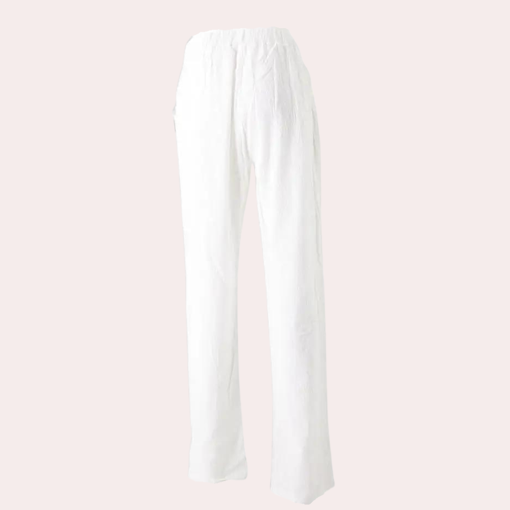Elegante damebukser med høj talje, lige ben, elastisk linning og praktiske lommer, set forfra.