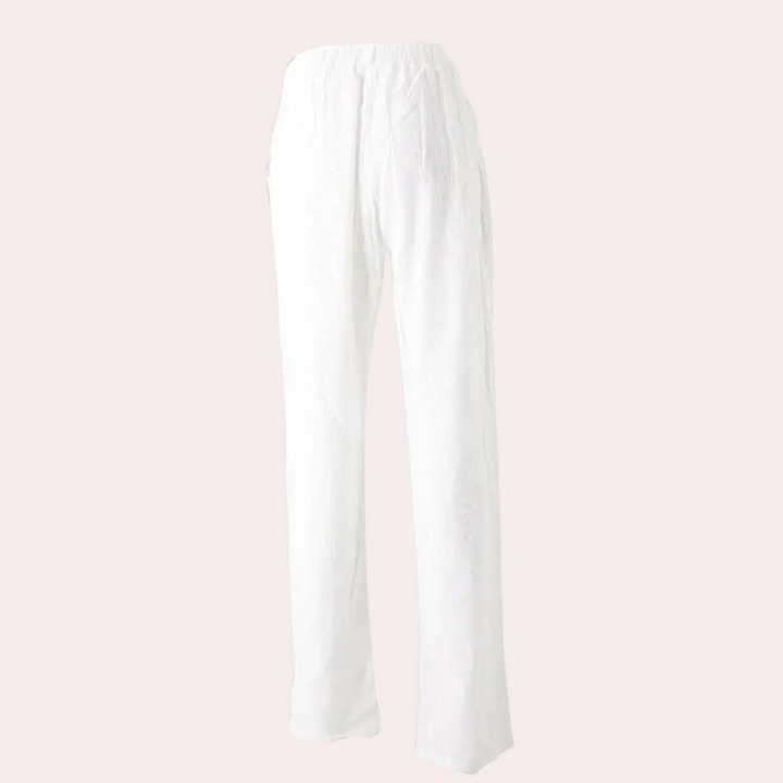 Elegante damebukser med høj talje, lige ben, elastisk linning og praktiske lommer, set forfra.