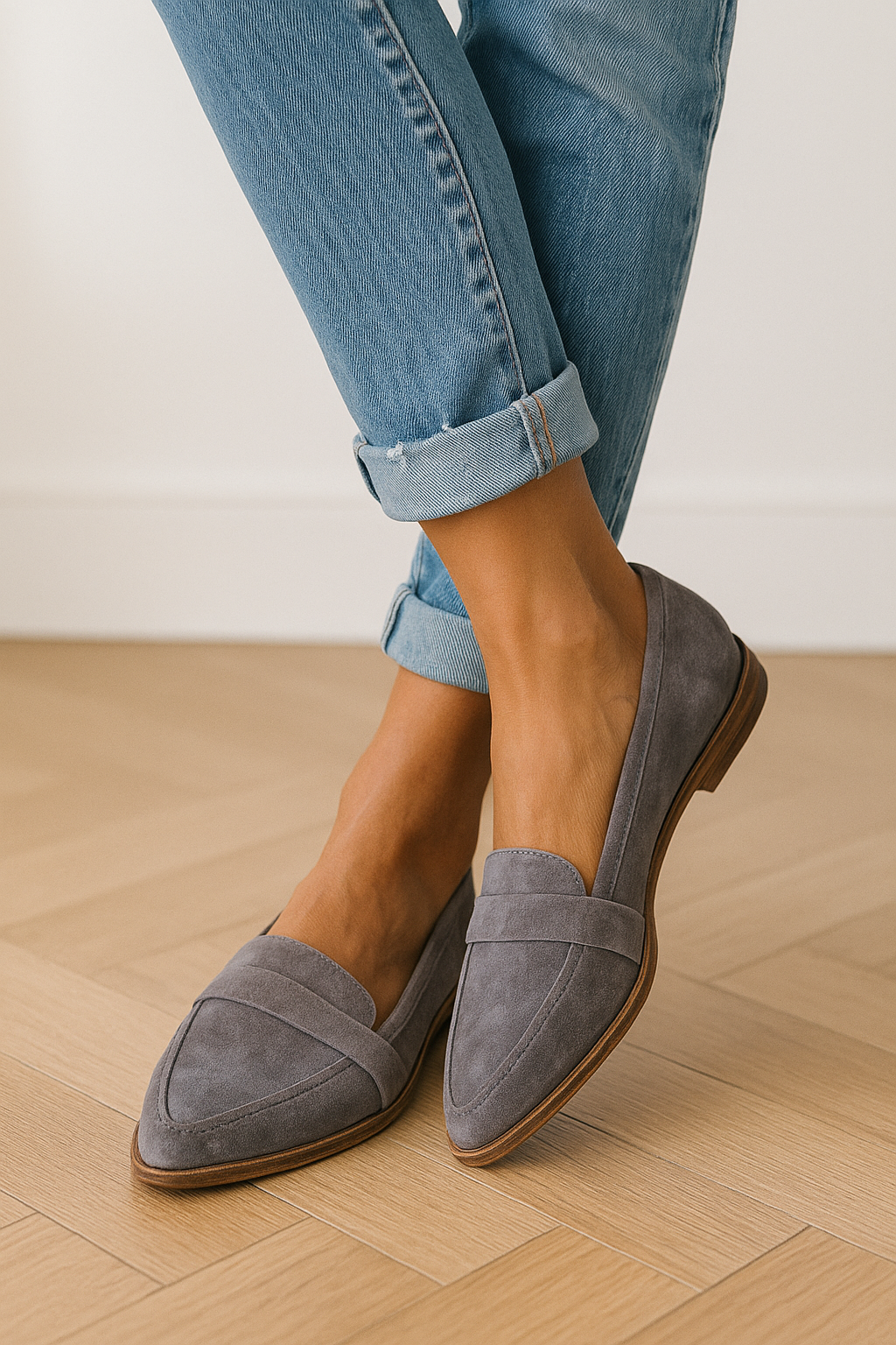 Elegante grå loafers til kvinder med lav hæl og spids tå, perfekte til kontoret og komfort hele dagen.