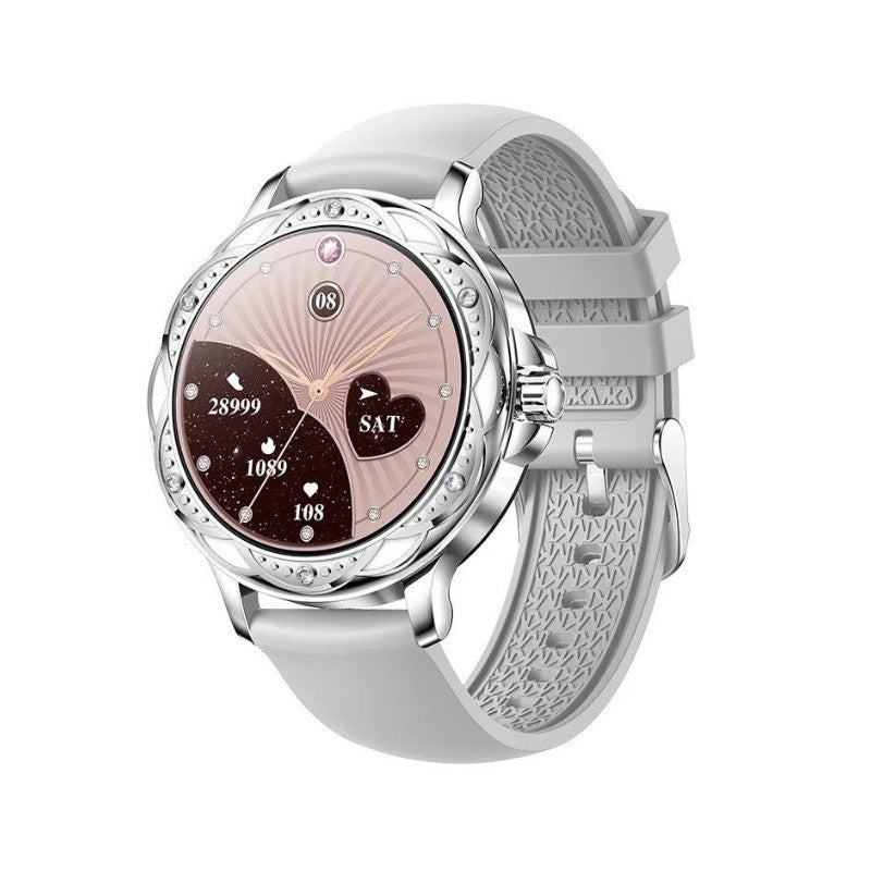 "Elegante smartwatch til kvinder med metalrem, slankt design og touchskærm, perfekt til stilfulde tech-entusiaster."