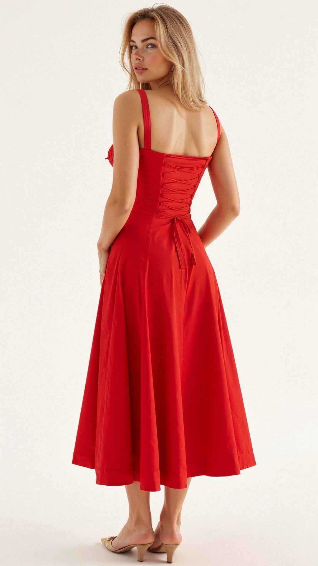 Elegante talje-kjole i champagnefarve med bustier-design og forførende sideslids, ideel til sommerens fester.