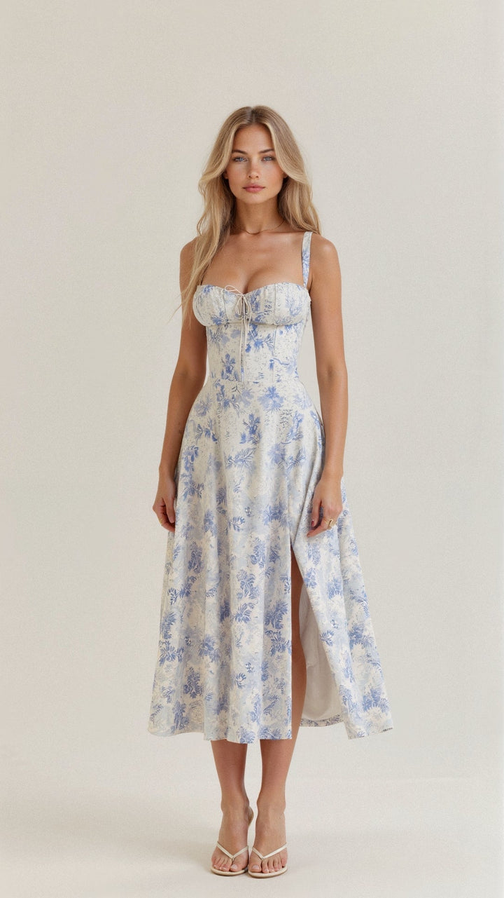 Elegante talje-kjole i champagnefarve med bustier-design og forførende sideslids, ideel til sommerens fester.