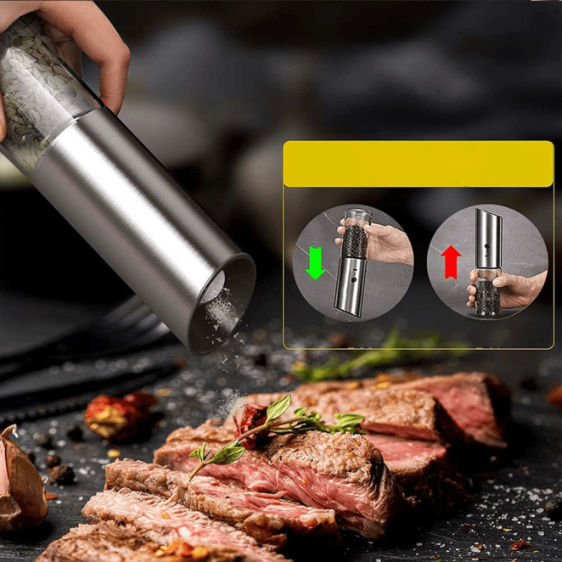 Genopladelig elektrisk kværn til salt og peber. Slankt design i rustfrit stål, perfekt til madlavning & borddækning.