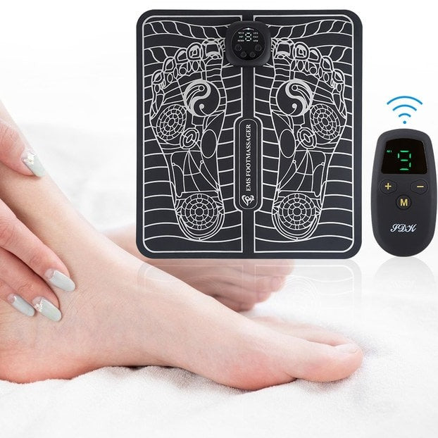 "EMS fodmåtte til muskelstimulation og fodmassage, sort, med blåt mønster, for forbedret blodcirkulation og afslapning."