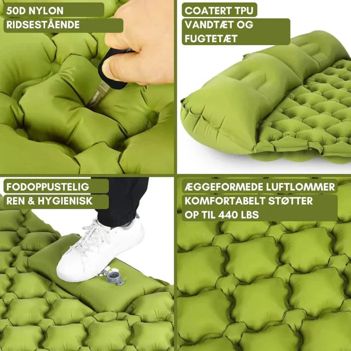 Ergonomisk 2-personers luftmadras med pumpe, ideel til camping. Letvægtsdesign med indbyggede puder for optimal komfort.