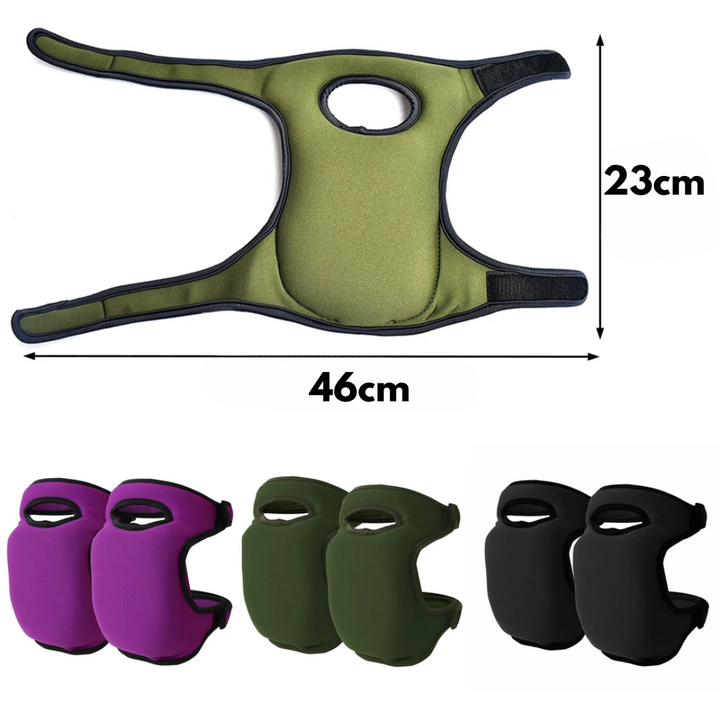 "Ergonomiske knæpuder til havearbejde, i grøn og sort, med slidstærkt design for maksimal komfort og beskyttelse."