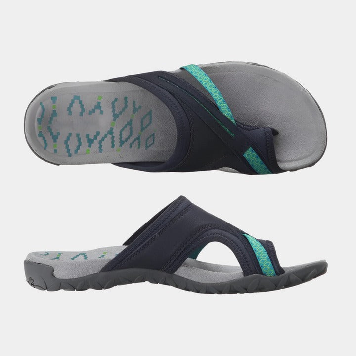 "Ergonomiske ortopædiske damesandaler med justerbare stropper og memory foam, moderne og komfortabelt design i sort."