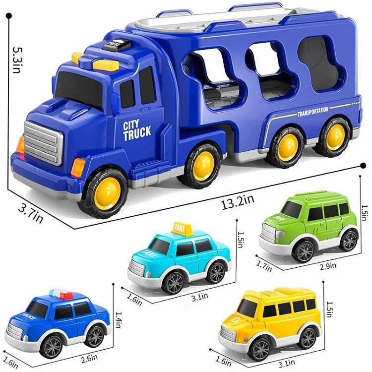 "Farverigt TruckTrail transportlegetøjssæt med lys og lyd, robust plastik, til interaktiv leg for børn fra 3 år."