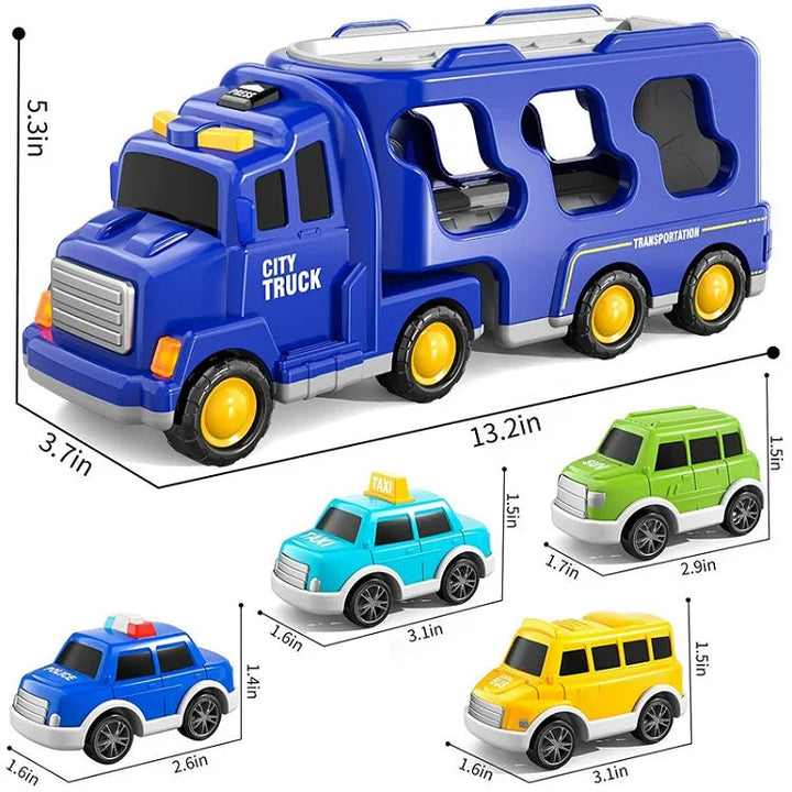 "Farverigt TruckTrail transportlegetøjssæt med lys og lyd, robust plastik, til interaktiv leg for børn fra 3 år."