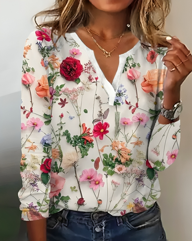 Feminin blomsterprint bluse til kvinder med elegant V-udskæring og lange ærmer, perfekt til forår og sommer.