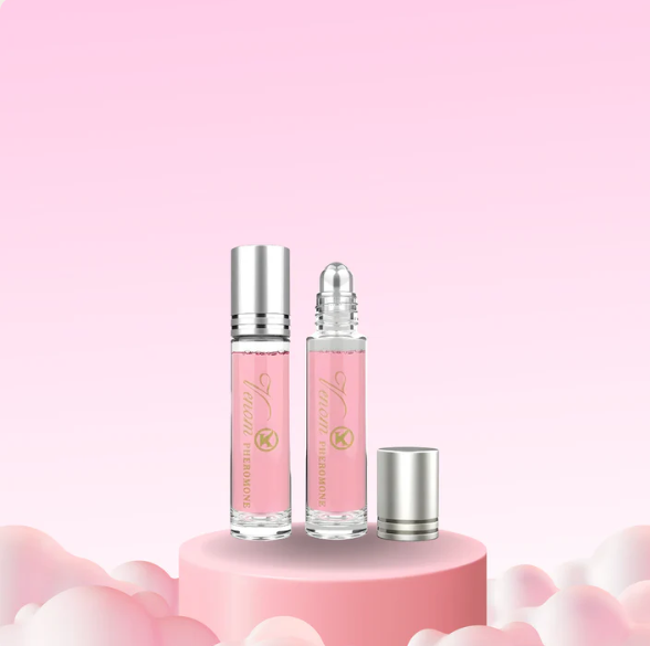 "Feromonforstærket parfume med roll-on; elegant design, diskret emballage, forbedrer naturlig duft og tiltrækningskraft."