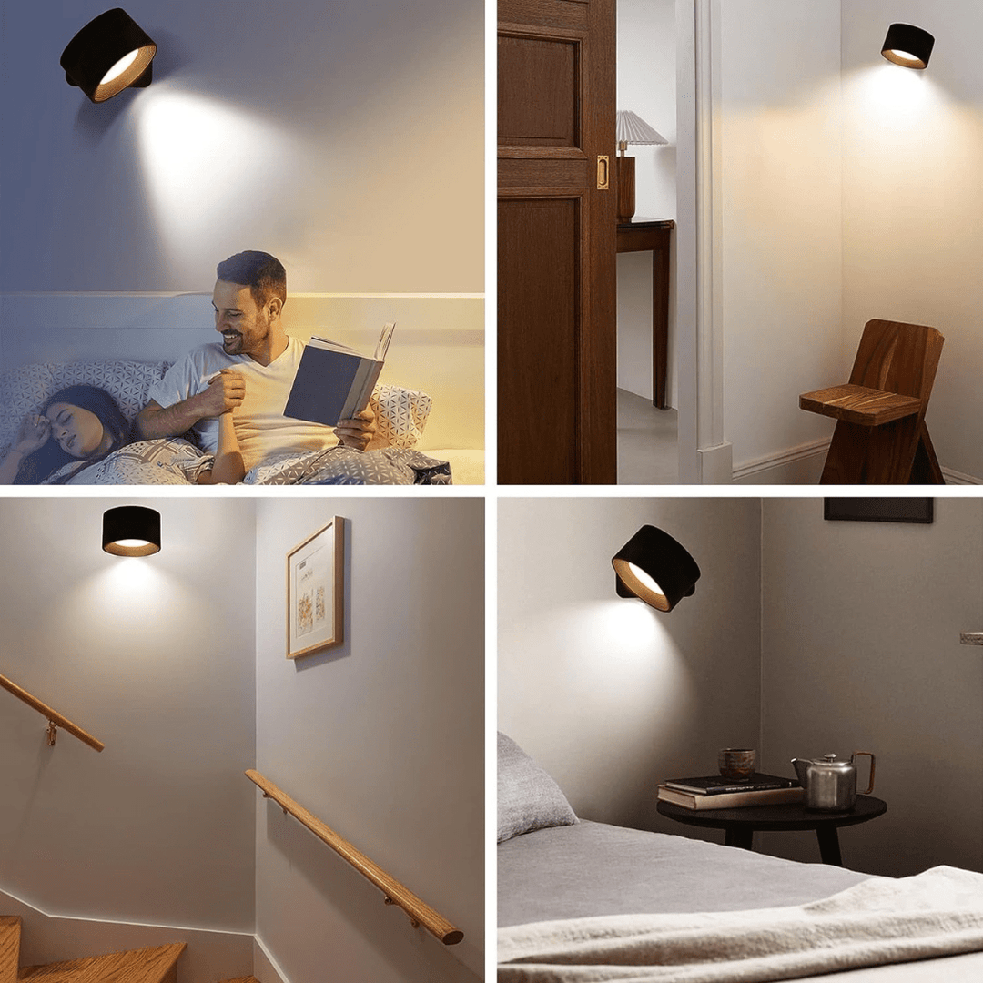 "Flexlight 360° trådløs væglampe; hvid, stilfuld design, USB-opladning, drejbar for fleksibel belysning i hjemmet."