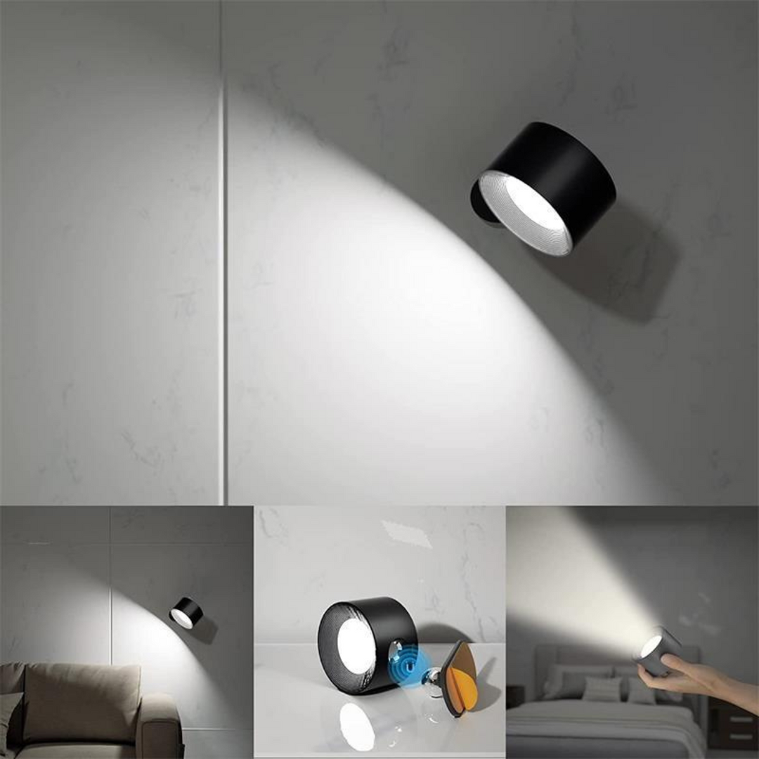 "Flexlight 360° trådløs væglampe; hvid, stilfuld design, USB-opladning, drejbar for fleksibel belysning i hjemmet."