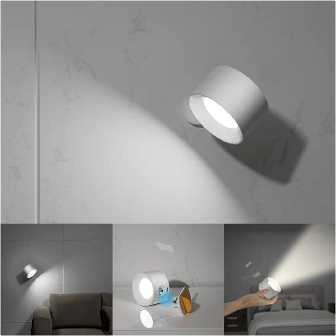 "Flexlight 360° trådløs væglampe; hvid, stilfuld design, USB-opladning, drejbar for fleksibel belysning i hjemmet."