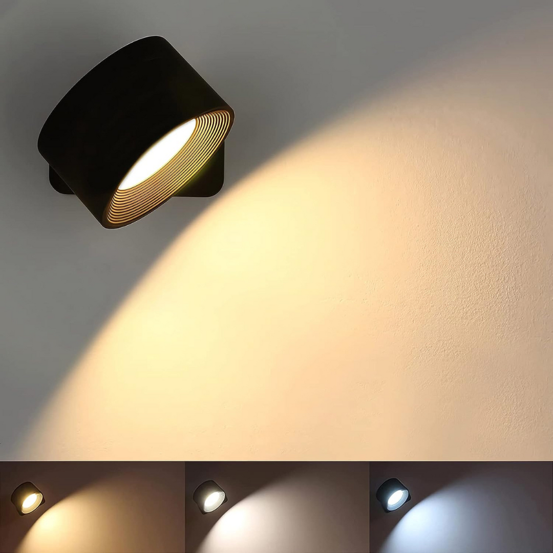"Flexlight 360° trådløs væglampe; hvid, stilfuld design, USB-opladning, drejbar for fleksibel belysning i hjemmet."