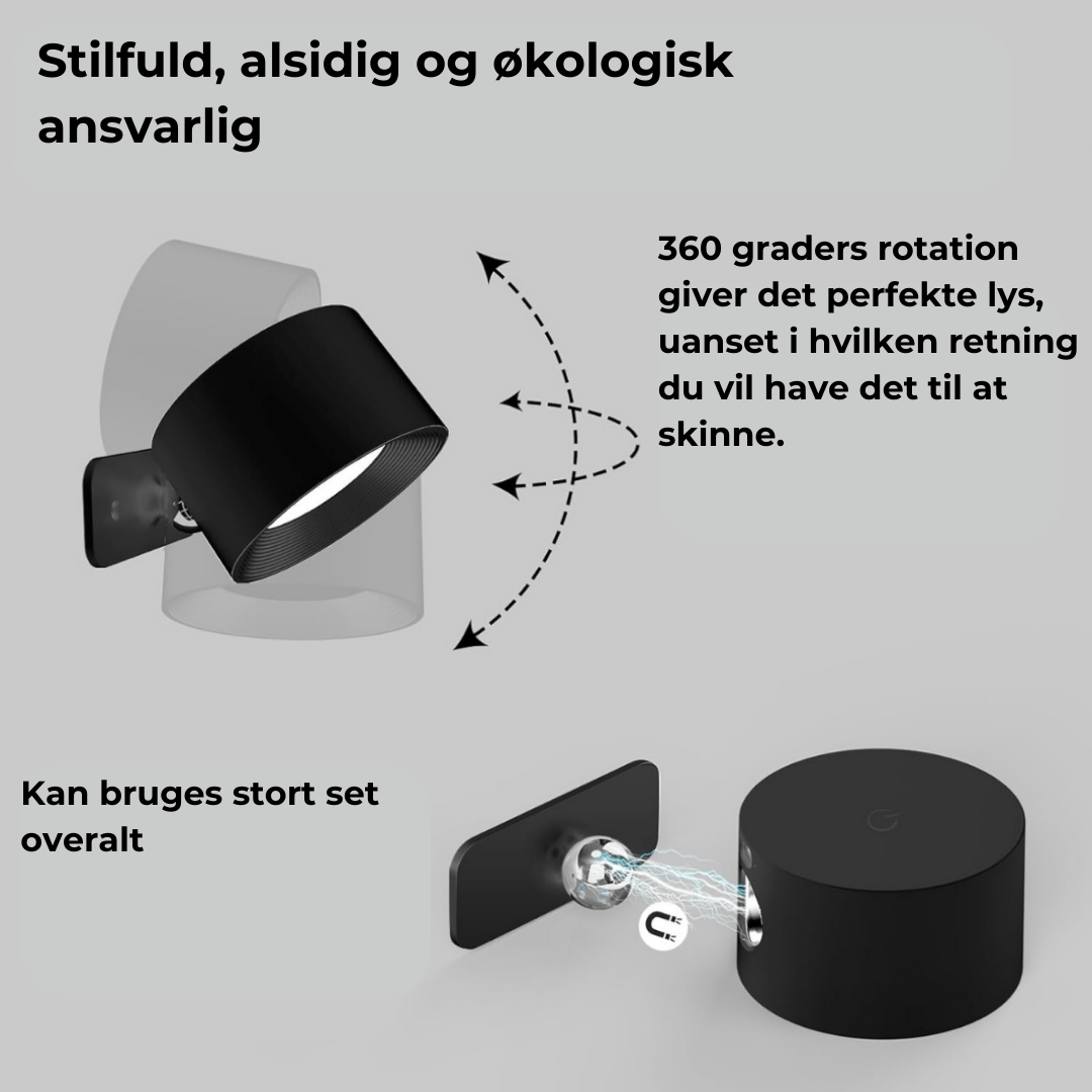 "Flexlight 360° trådløs væglampe; hvid, stilfuld design, USB-opladning, drejbar for fleksibel belysning i hjemmet."