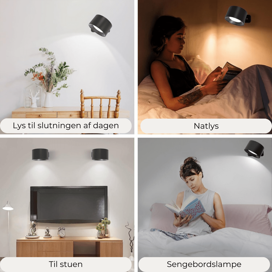 "Flexlight 360° trådløs væglampe; hvid, stilfuld design, USB-opladning, drejbar for fleksibel belysning i hjemmet."