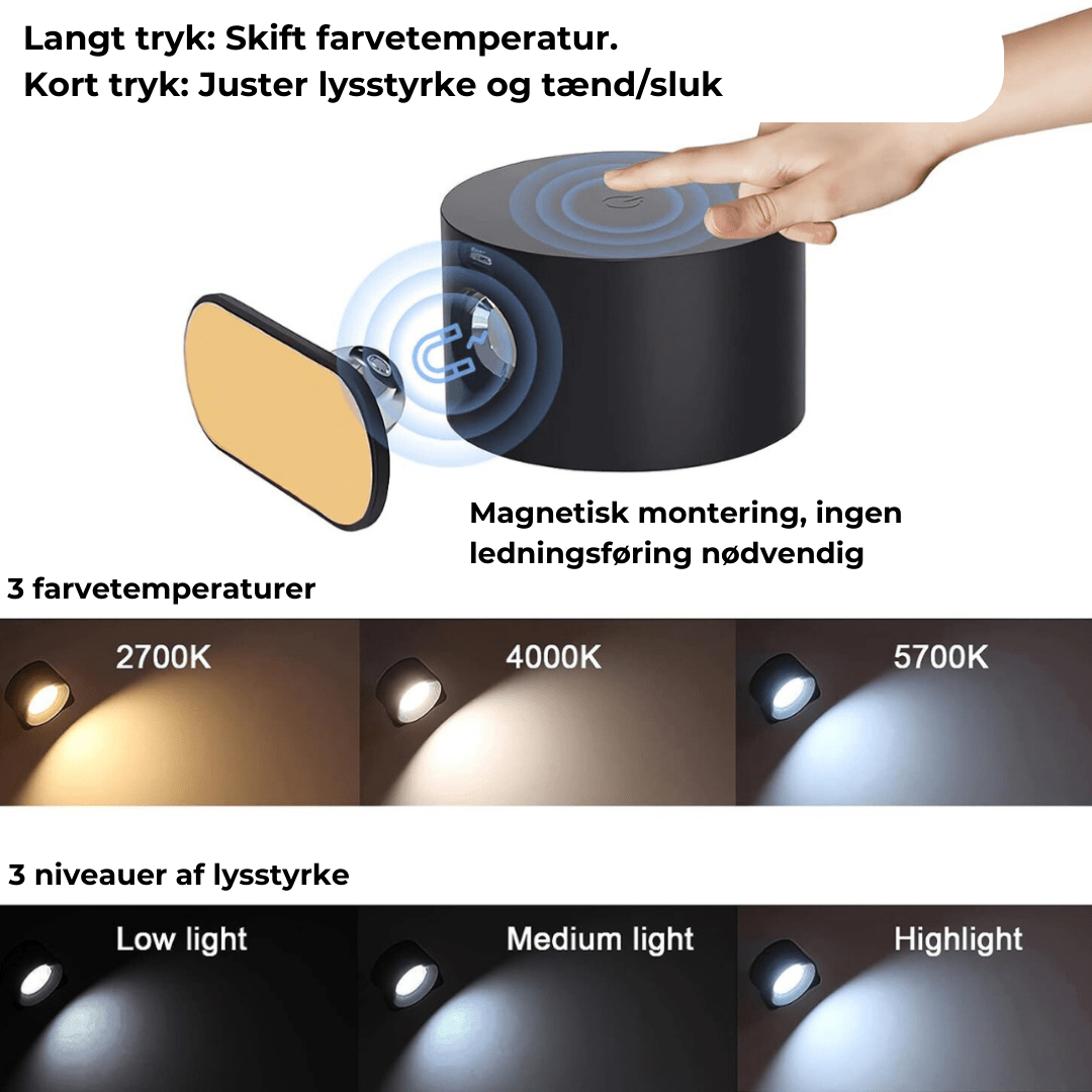 "Flexlight 360° trådløs væglampe; hvid, stilfuld design, USB-opladning, drejbar for fleksibel belysning i hjemmet."