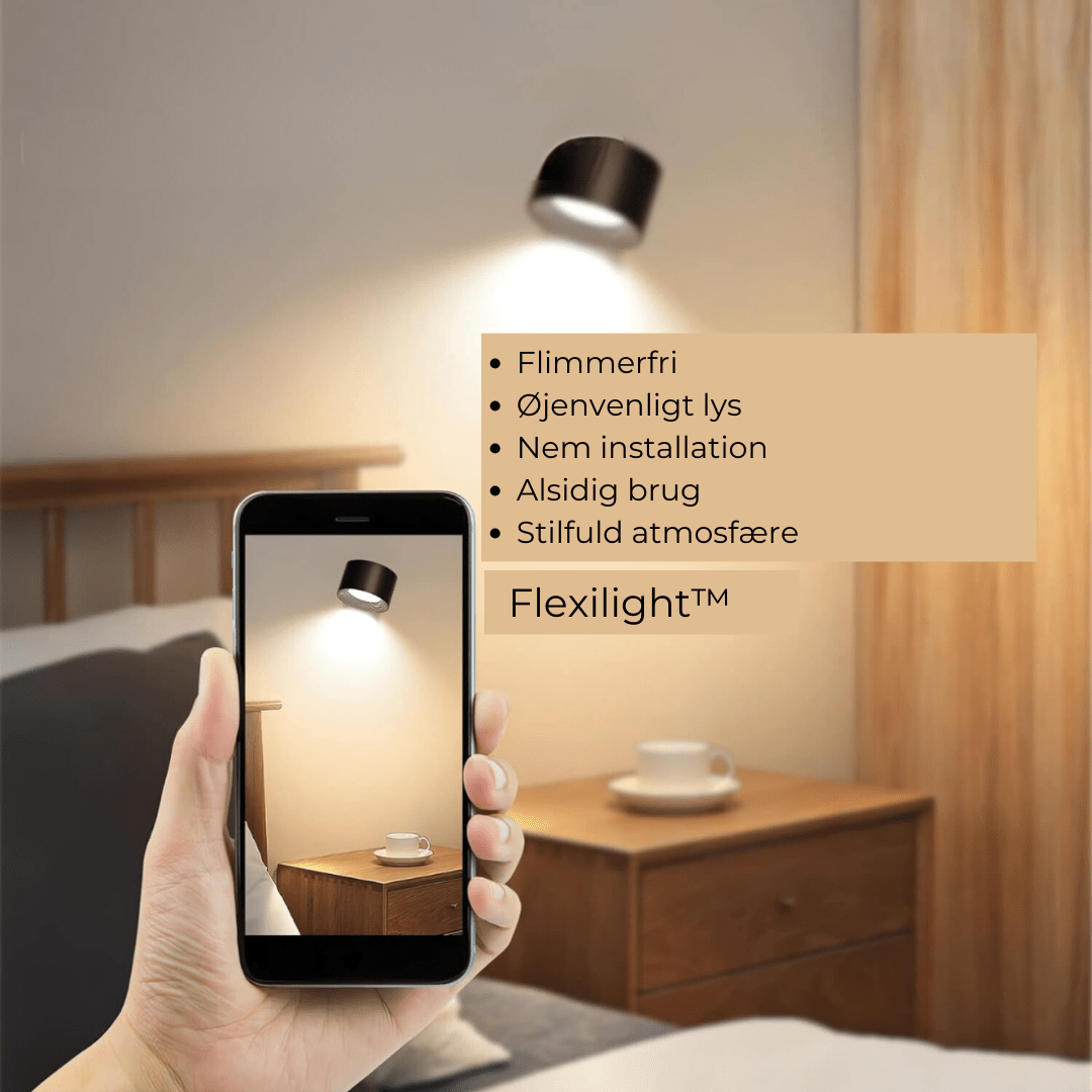 "Flexlight 360° trådløs væglampe; hvid, stilfuld design, USB-opladning, drejbar for fleksibel belysning i hjemmet."