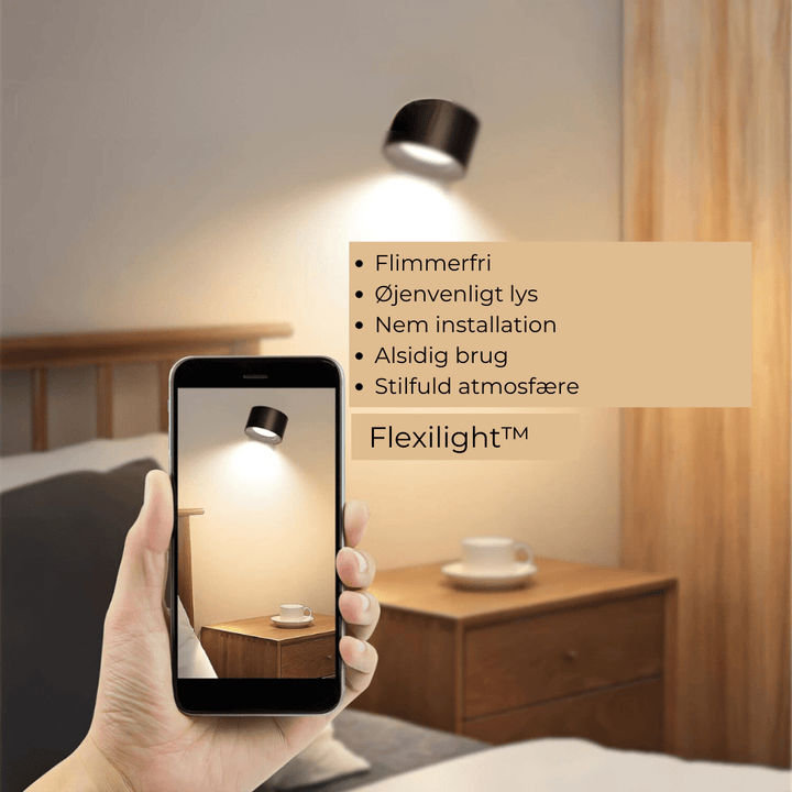 "Flexlight 360° trådløs væglampe; hvid, stilfuld design, USB-opladning, drejbar for fleksibel belysning i hjemmet."