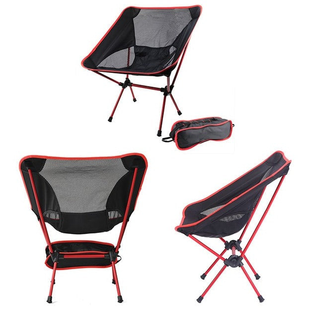 "Foldbar UltraLightChair i letvægtigt design, perfekt til camping og udendørsbrug, blå netstof og robuste stålstænger."