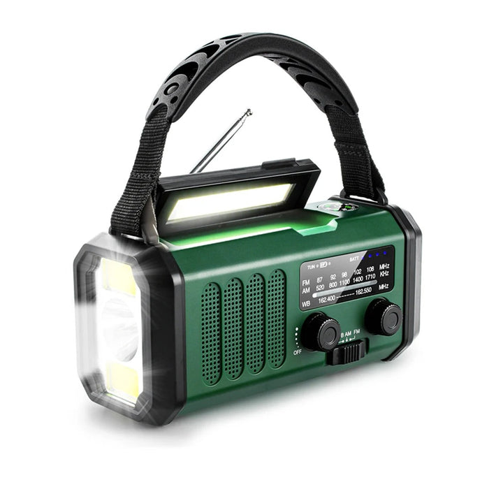Grøn solcelledrevet nødradio med AM/FM. Perfekt til camping, beredskab og overlevelse.