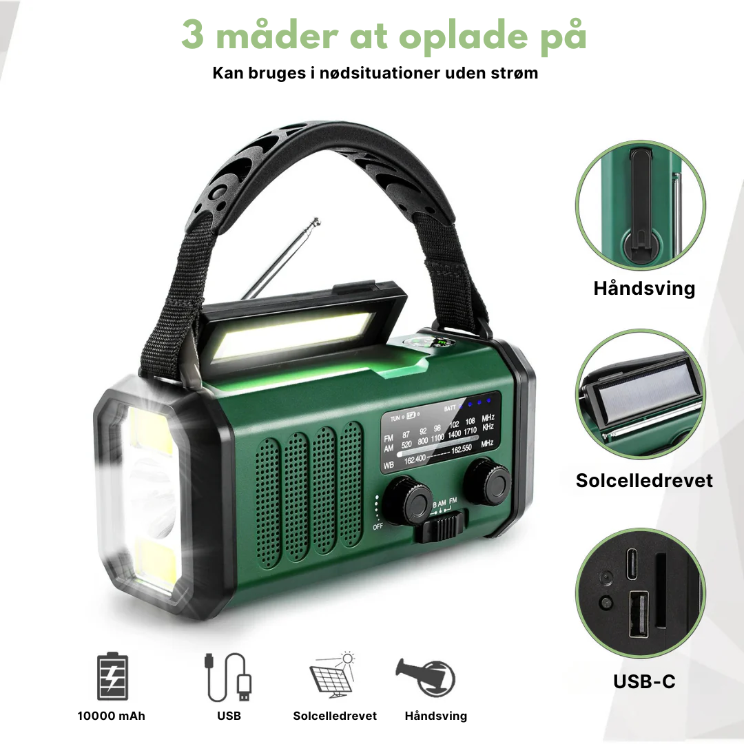 Grøn nødradio med solceller og håndsving, 10000mAh powerbank. Multifunktionel til camping og krisesituationer.