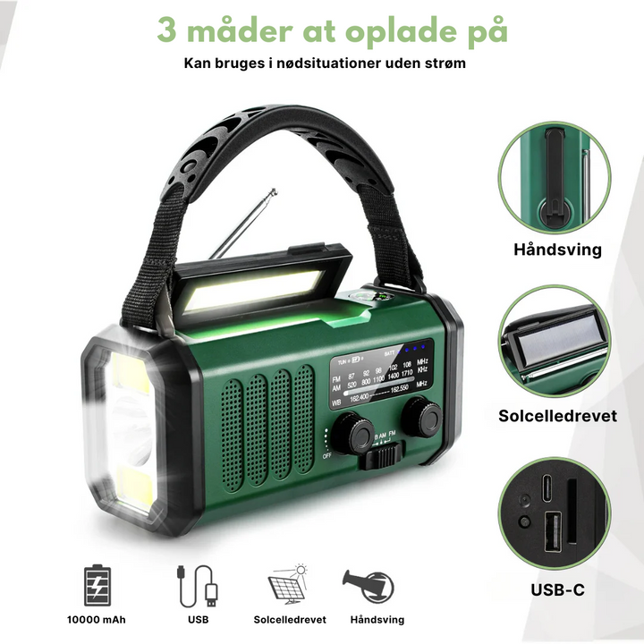 Grøn nødradio med solceller og håndsving, 10000mAh powerbank. Multifunktionel til camping og krisesituationer.