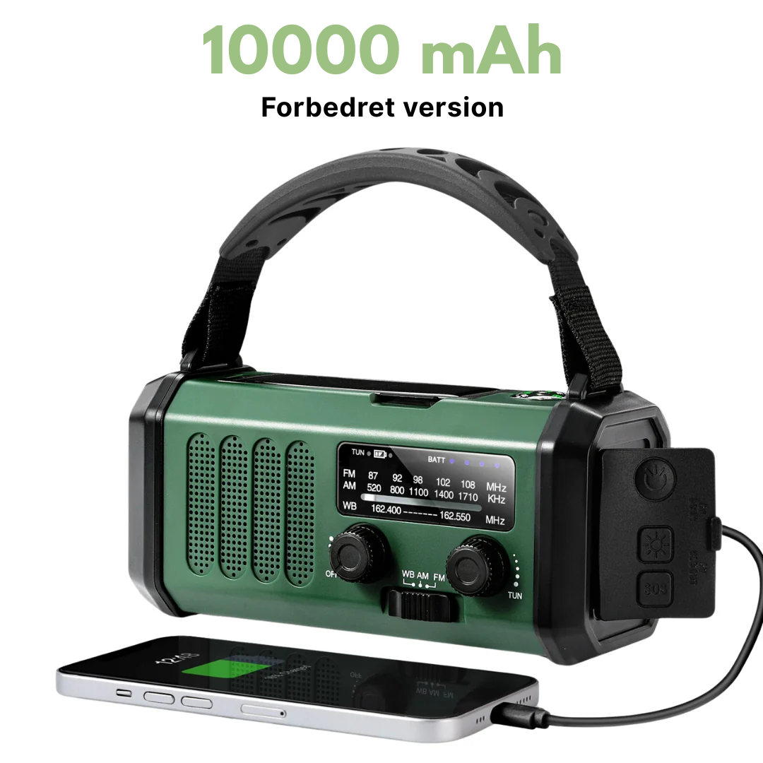 Multifunktionel nødradio: solcelledrevet, med håndsving, powerbank og lommelygte. Essentiel til beredskab og udendørs brug.