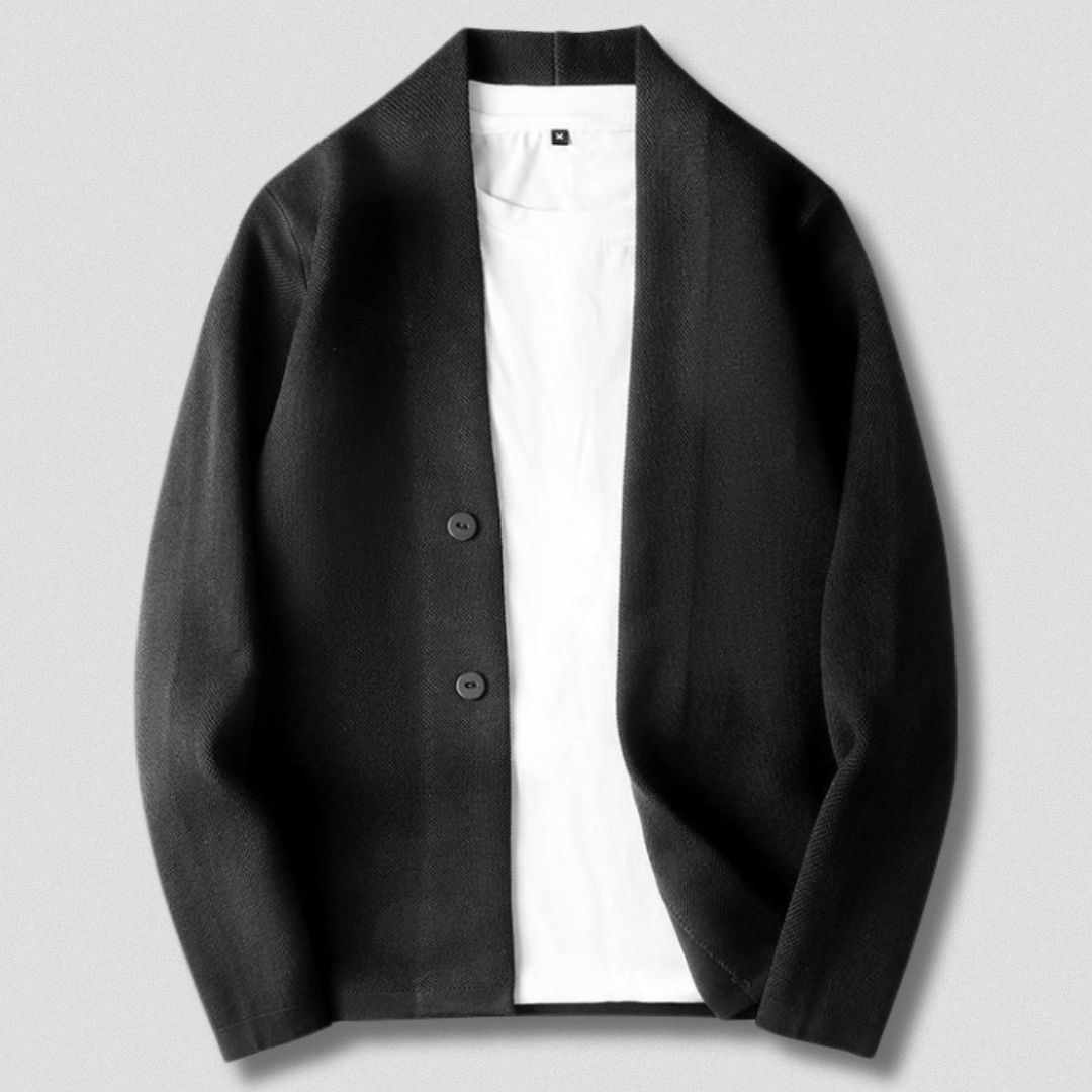"Grå Johan cardigan i blødt strik med moderne snit, perfekt til både afslappet og formelt herrelook."