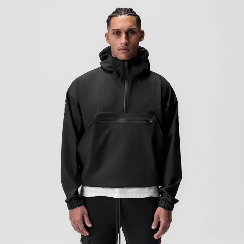 Herre langærmet hoodie med halv lynlås, stor lomme; en alsidig casual jakke til herretøj.